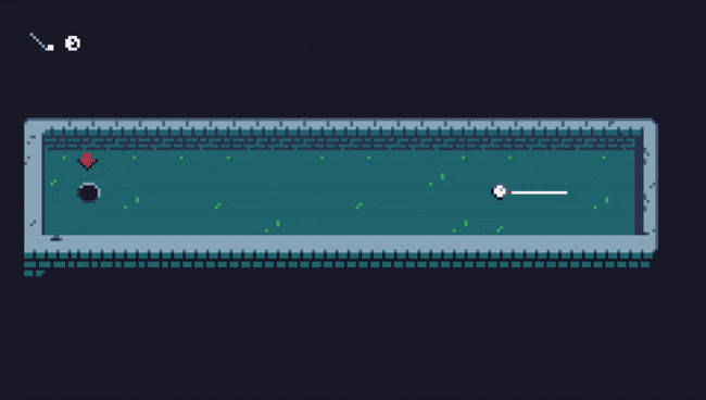 Animation showing a pixel art game: Mini golf in a dungeon